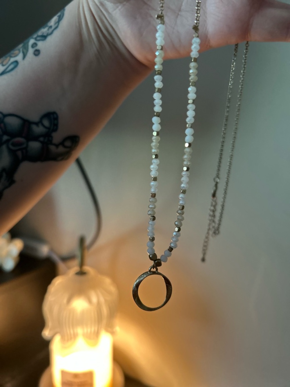 Madewell White Bead Necklace with Gold Circle Pendant